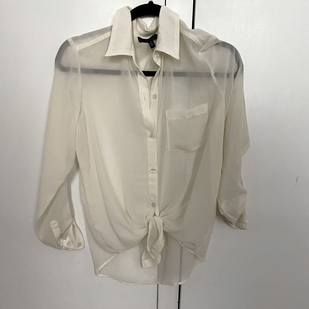 Off-white button down with tie feature, sheer